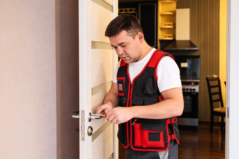 Locksmith in a red and black work vest fitting a lock on a light wooden interior door